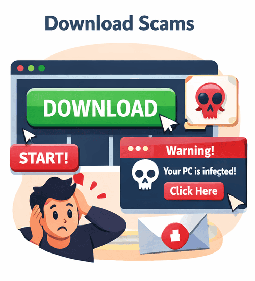 Common download scams and fake buttons